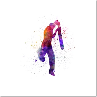 Cricket player batsman silhouette in watercolor Posters and Art